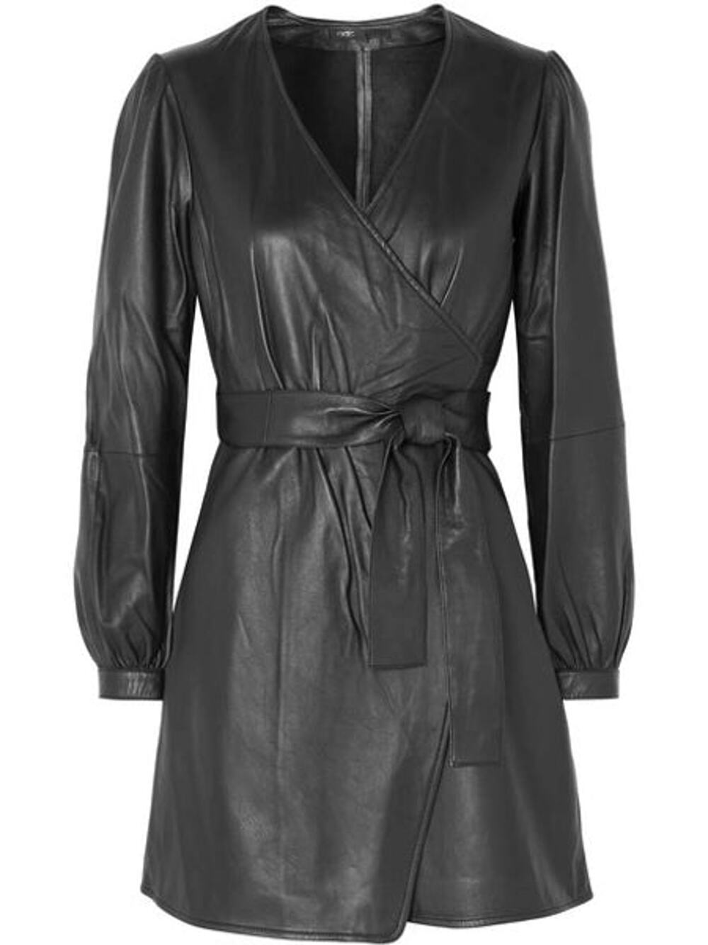 Maje Leather Long Sleeve Surplice V-Neck Wrap Mini Dress Black Women's 2 / M